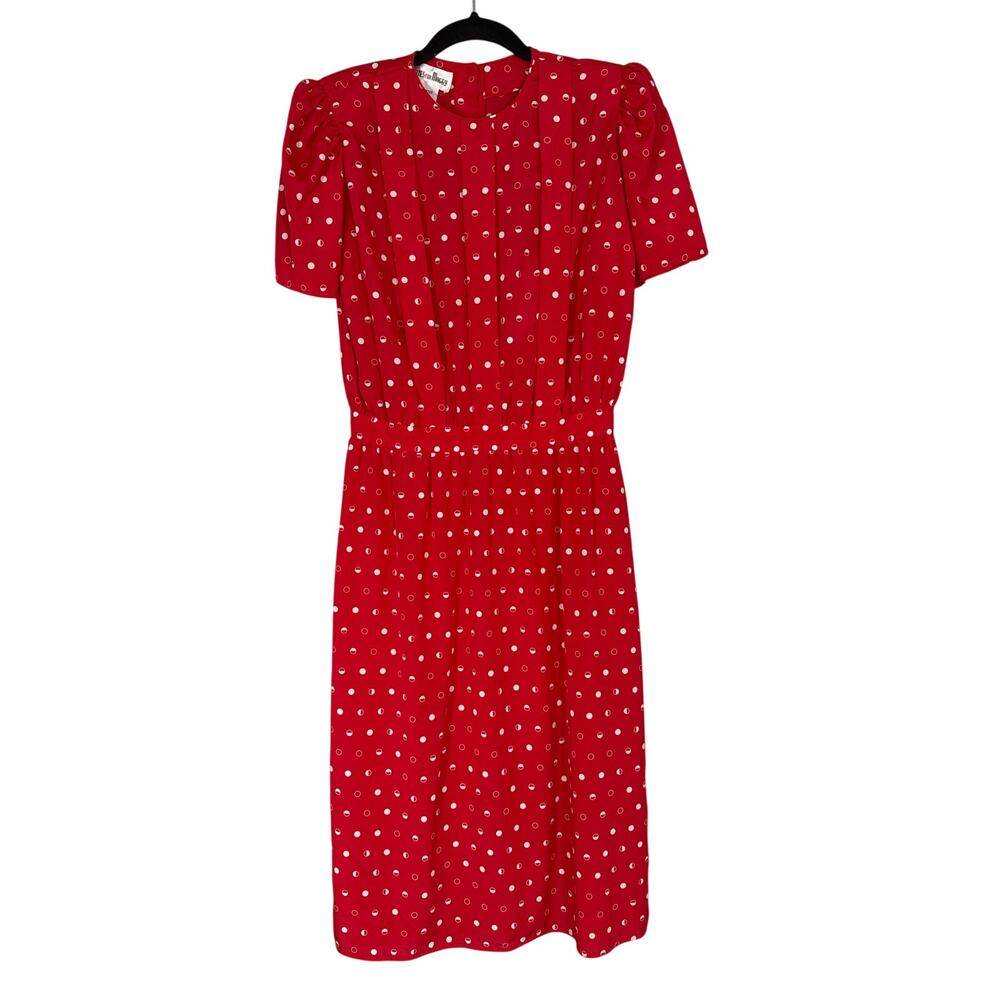 Vintage 80s Structured Red Polka Dot Dress Midi 12 Petite Sleeve Retro Secretary